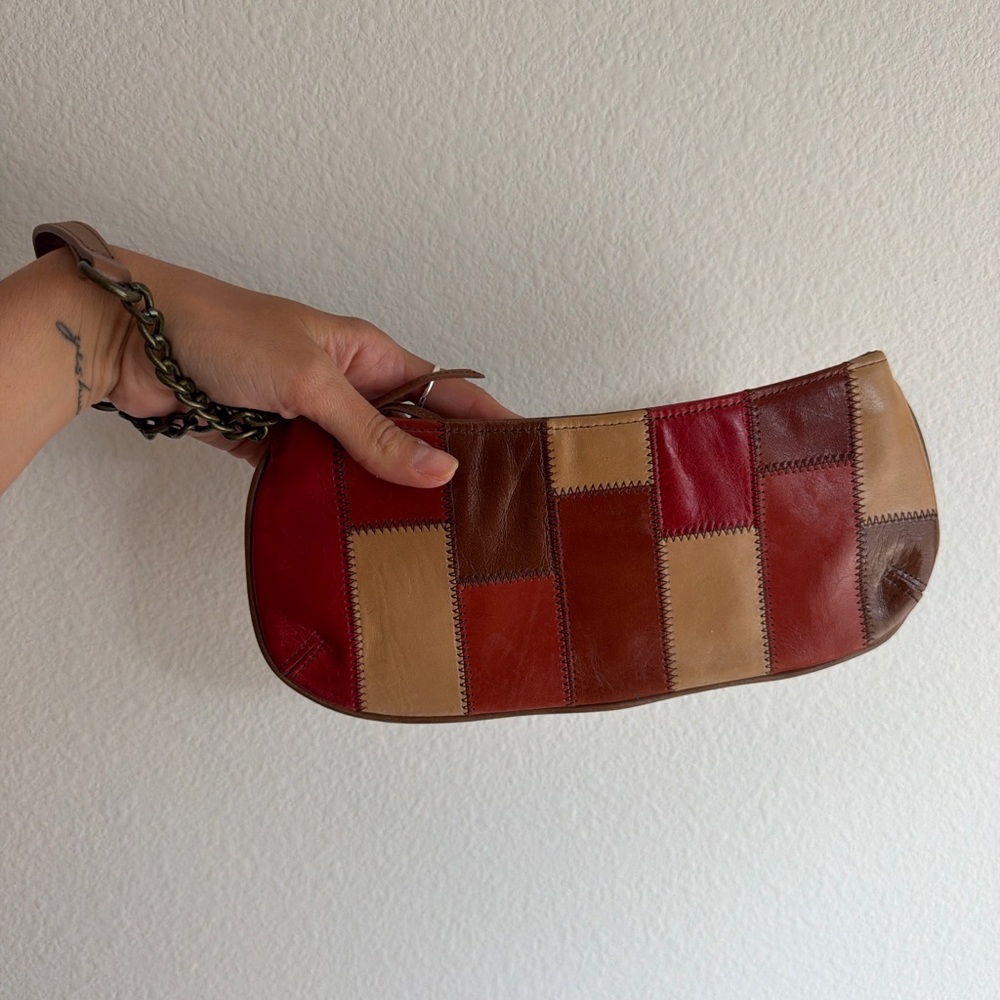 Fossil Patchwork Leather Wristlet in Red, Brown & Tan